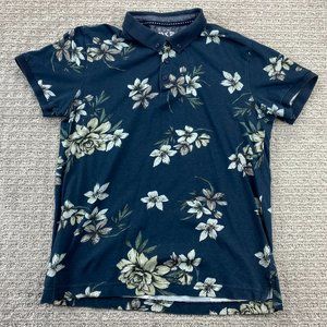 Floral Polo Shirt Men Small S Navy Blue MBX Denim Wear All Over Print Casual